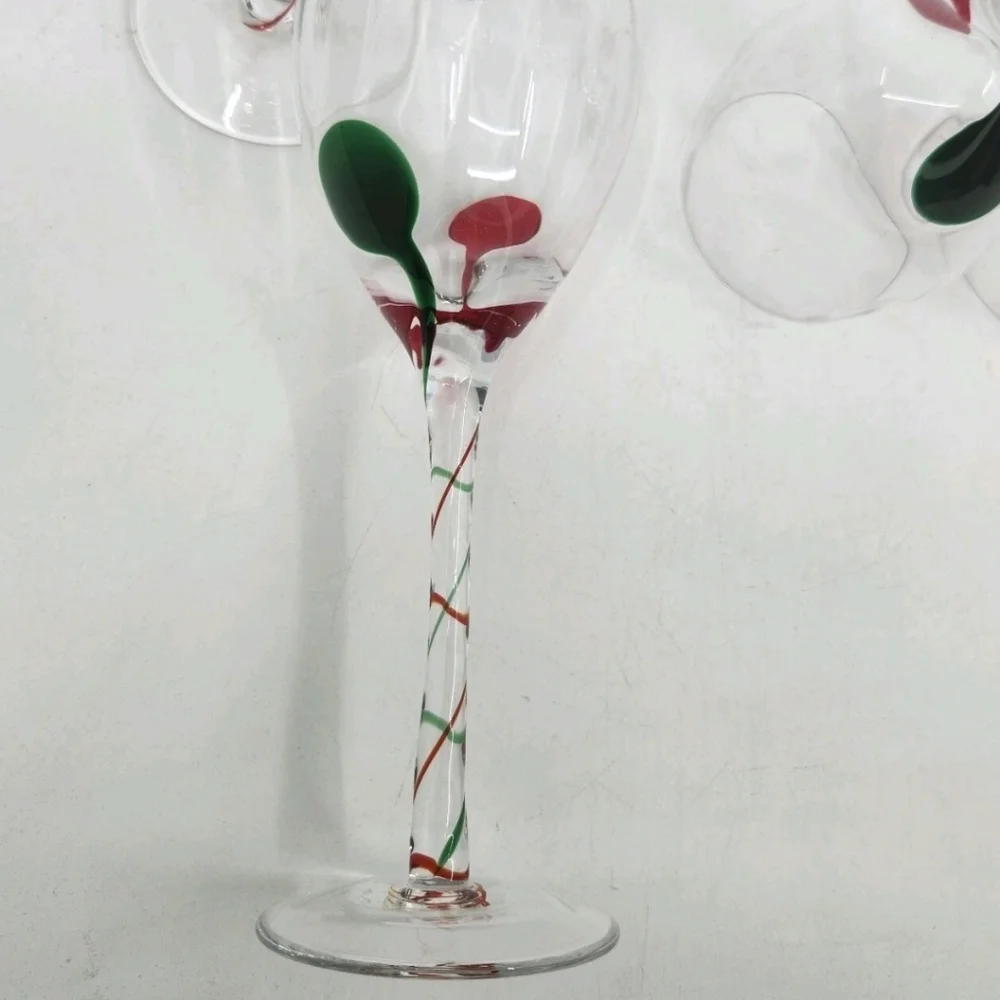 Pier 1 Imports Christmas Wine Glasses Red Green Drop Swirl Stem Optic Ribbon  4